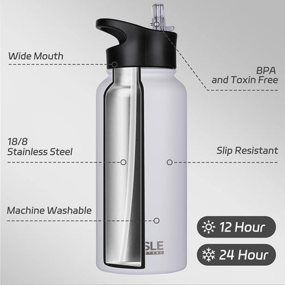 32 Oz Insulated Water Bottle Stainless Steel Double Walled Vacuum Sports Water Bottle with 2 Lids (Straw and Spout Lid) for Gym Camping Hiking(White,1) - WORLD TIME VISITS
