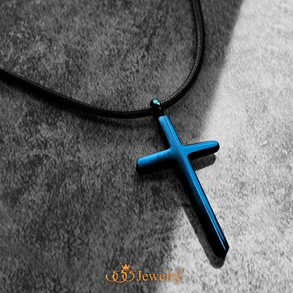Stainless Steel Cross Necklace for Men - Mens Cross Necklaces with 18 to 24 Inches Waterproof Adjustable Black Leather Rope