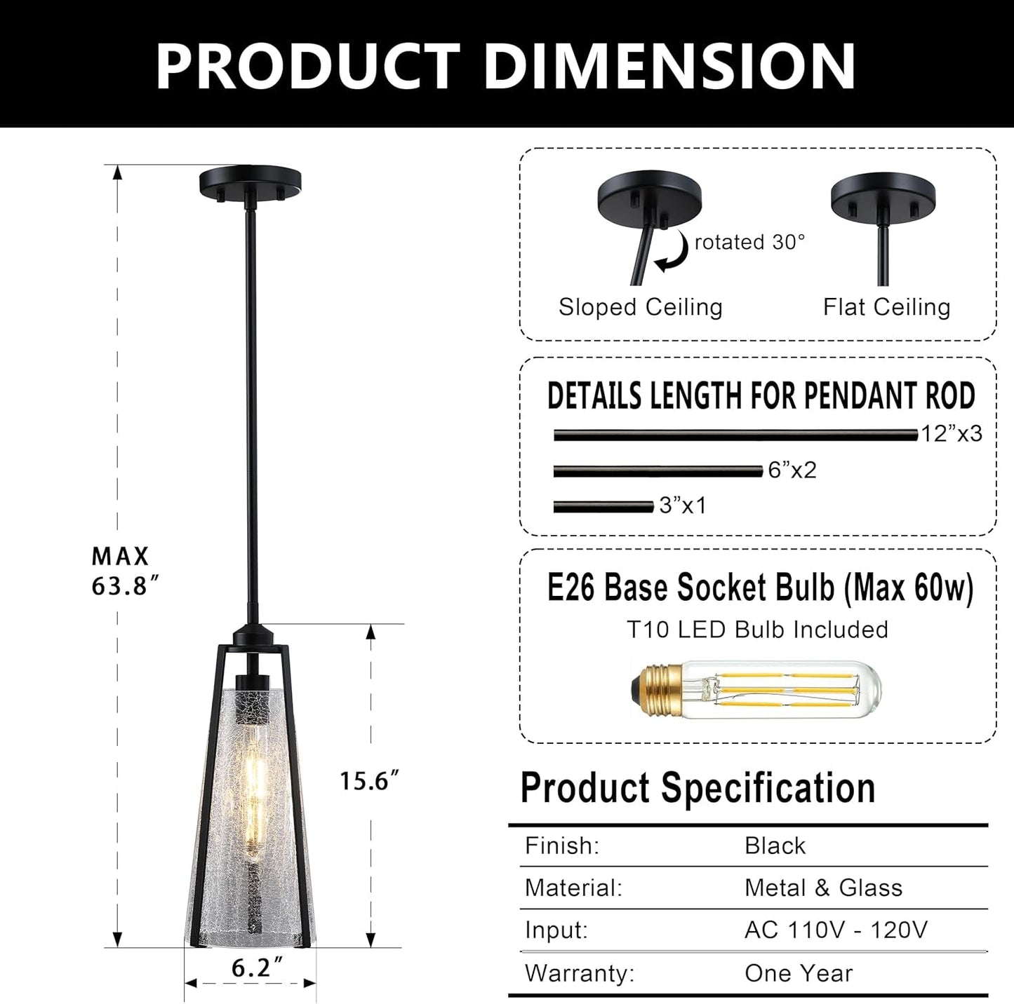 Crackle Glass Pendant Lights Black Hanging Ceiling Light Fixtures 14" Farmhouse Chandelier Adjustable Metal Cord for Dining Room Kitchen Island Bedroom Foyer, T10 Bulb Included