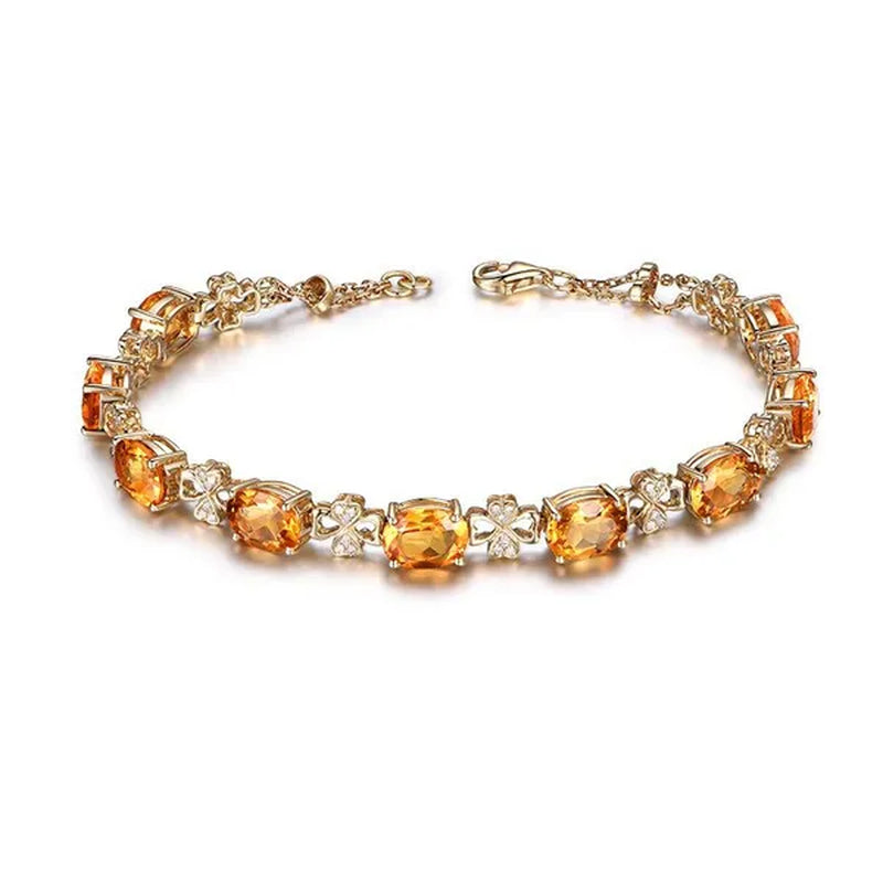 Simple 18k Golden Plated Copper Oval Citrine Jewelry Set Pendant Necklace Four Prong Adjustable Open Ring Micro Inlaid Cubic Zirconia Stud Earrings Flower Zircon Bracelet for Women Gifts Accessories