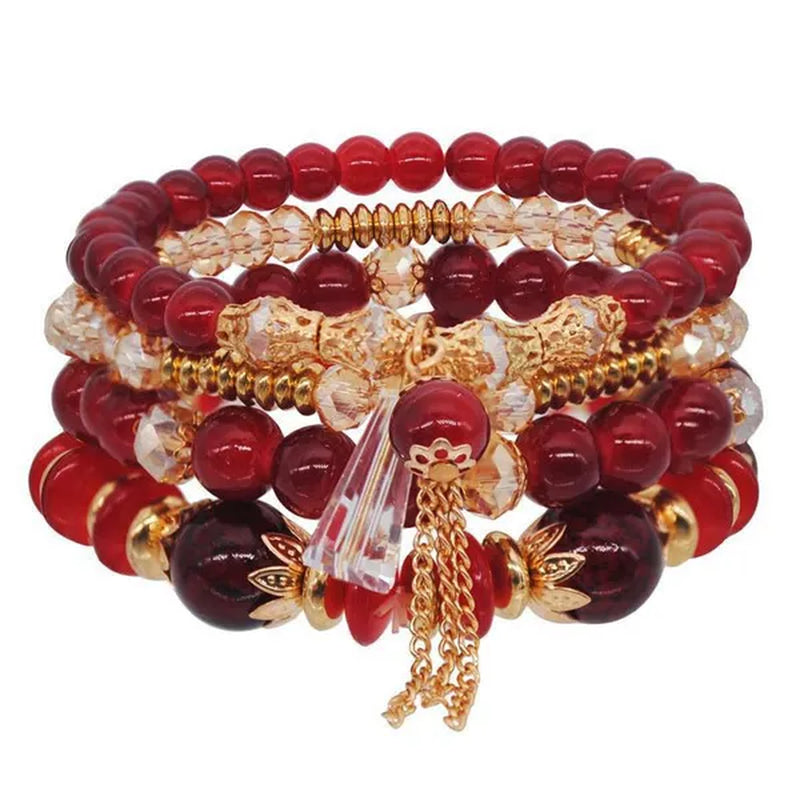 Women's bohemian creative beaded crystal bracelet 4 pack multi-layer beaded fashion bracelet