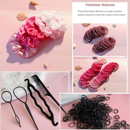 Hair Accessories for Woman Set, 755PCS Seamless Ponytail Holders Variety Hair Scrunchies Hair Bands Scrunchy Hair Ties for Thick and Curly (Rose)