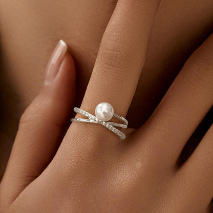 6Mm Pearl Ring for Women Dainty X Criss Cross Gold Pearl Ring Stackable 925 Sterling Silver Cubic Zirconia Open Ring Promise Rings Birthday Christmas Jewelry Gifts for Her Mom