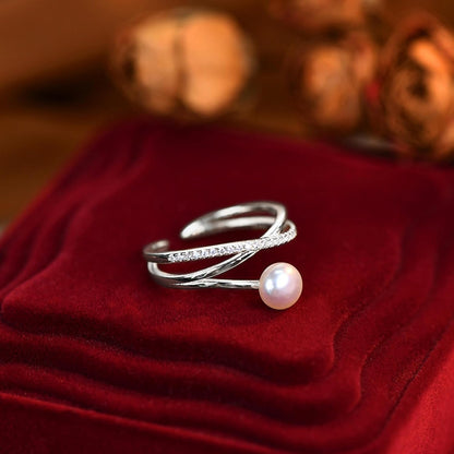 6Mm Pearl Ring for Women Dainty X Criss Cross Gold Pearl Ring Stackable 925 Sterling Silver Cubic Zirconia Open Ring Promise Rings Birthday Christmas Jewelry Gifts for Her Mom