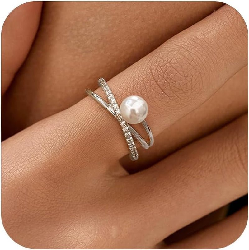 6Mm Pearl Ring for Women Dainty X Criss Cross Gold Pearl Ring Stackable 925 Sterling Silver Cubic Zirconia Open Ring Promise Rings Birthday Christmas Jewelry Gifts for Her Mom - WORLD TIME VISITS
