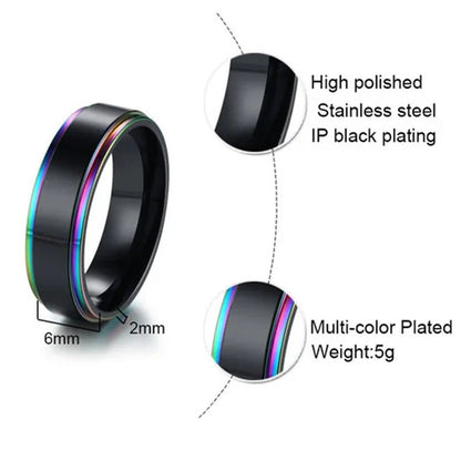 6Mm Wide Titanium Steel IP Black Plated Classics Ring with Rainbow Color Multicolor Edge for Gay & Lesbian Pride Jewelry Women Men Wedding Band - WORLD TIME VISITS