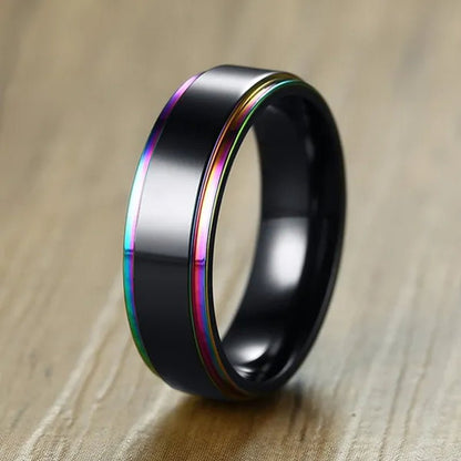 6Mm Wide Titanium Steel IP Black Plated Classics Ring with Rainbow Color Multicolor Edge for Gay & Lesbian Pride Jewelry Women Men Wedding Band
