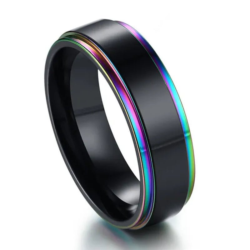 6Mm Wide Titanium Steel IP Black Plated Classics Ring with Rainbow Color Multicolor Edge for Gay & Lesbian Pride Jewelry Women Men Wedding Band