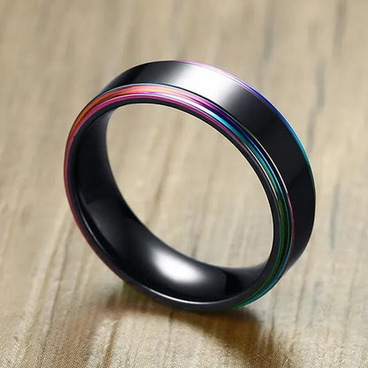 6Mm Wide Titanium Steel IP Black Plated Classics Ring with Rainbow Color Multicolor Edge for Gay & Lesbian Pride Jewelry Women Men Wedding Band