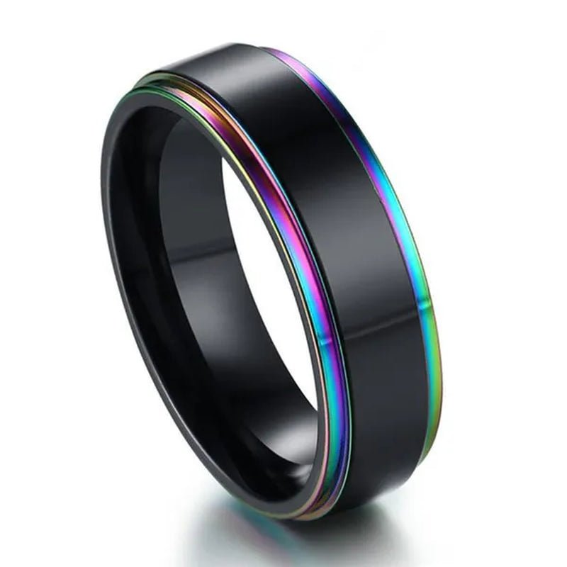 6Mm Wide Titanium Steel IP Black Plated Classics Ring with Rainbow Color Multicolor Edge for Gay & Lesbian Pride Jewelry Women Men Wedding Band - WORLD TIME VISITS