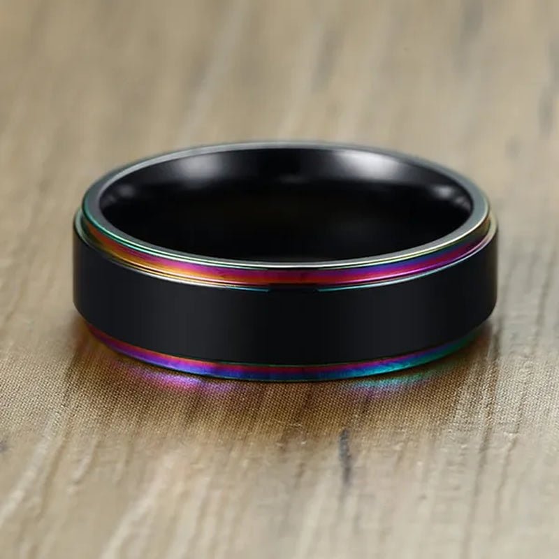 6Mm Wide Titanium Steel IP Black Plated Classics Ring with Rainbow Color Multicolor Edge for Gay & Lesbian Pride Jewelry Women Men Wedding Band
