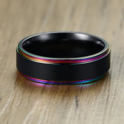6Mm Wide Titanium Steel IP Black Plated Classics Ring with Rainbow Color Multicolor Edge for Gay & Lesbian Pride Jewelry Women Men Wedding Band