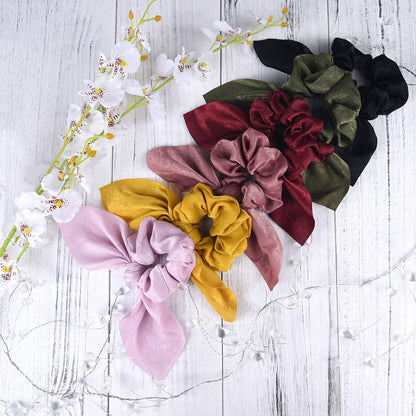 6PCS Hair Scrunchies Satin Silkrabbit Bunny Ear Bow Bowknot Scrunchie Bobbles Elastic Hair Ties Bands Ponytail Holder for Women Accessories 01 Classic Color - WORLD TIME VISITS