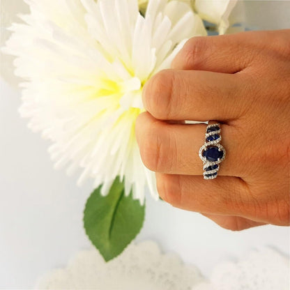 6X4 MM Oval & round Cut Blue Sapphire and round Diamond Ladies Engagement Ring, Sterling Silver