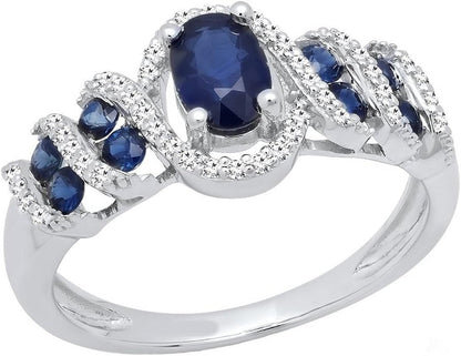 6X4 MM Oval & round Cut Blue Sapphire and round Diamond Ladies Engagement Ring, Sterling Silver - WORLD TIME VISITS