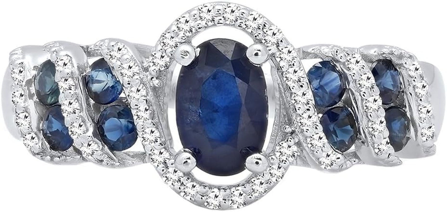 6X4 MM Oval & round Cut Blue Sapphire and round Diamond Ladies Engagement Ring, Sterling Silver