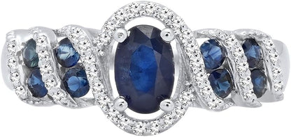 6X4 MM Oval & round Cut Blue Sapphire and round Diamond Ladies Engagement Ring, Sterling Silver