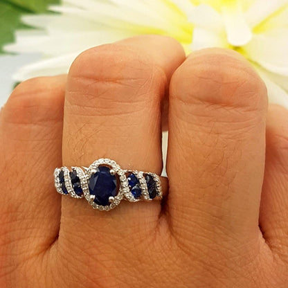 6X4 MM Oval & round Cut Blue Sapphire and round Diamond Ladies Engagement Ring, Sterling Silver