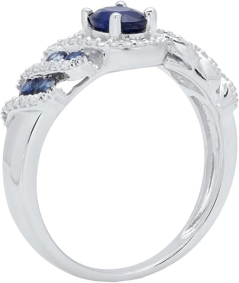 6X4 MM Oval & round Cut Blue Sapphire and round Diamond Ladies Engagement Ring, Sterling Silver - WORLD TIME VISITS