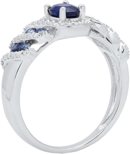 6X4 MM Oval & round Cut Blue Sapphire and round Diamond Ladies Engagement Ring, Sterling Silver - WORLD TIME VISITS