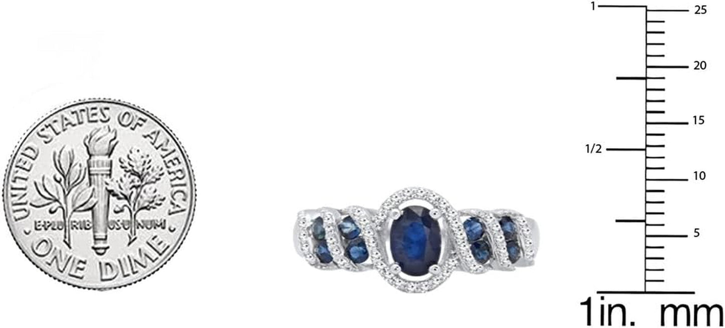 6X4 MM Oval & round Cut Blue Sapphire and round Diamond Ladies Engagement Ring, Sterling Silver