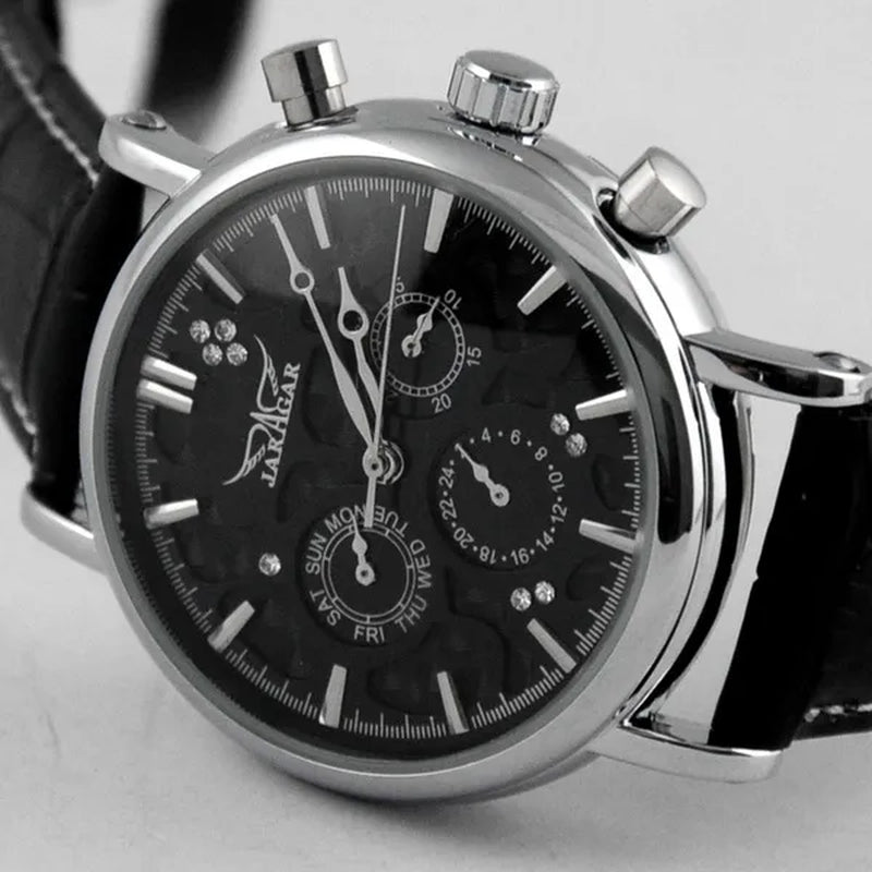 JARAGAR Automatic Mechanical Genuine Leather Strap Wrist Watch Luxury Gift for Men Fashion White Crystal Diamond Jewelry Accessories