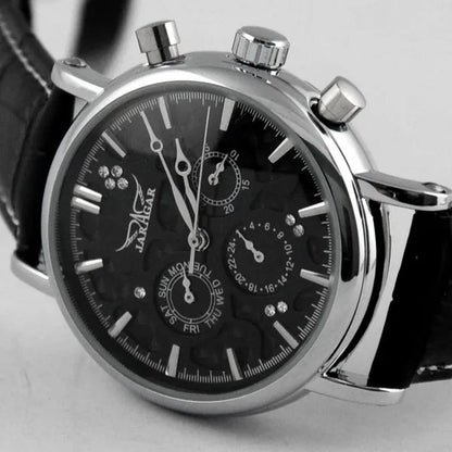 JARAGAR Automatic Mechanical Genuine Leather Strap Wrist Watch Luxury Gift for Men Fashion White Crystal Diamond Jewelry Accessories