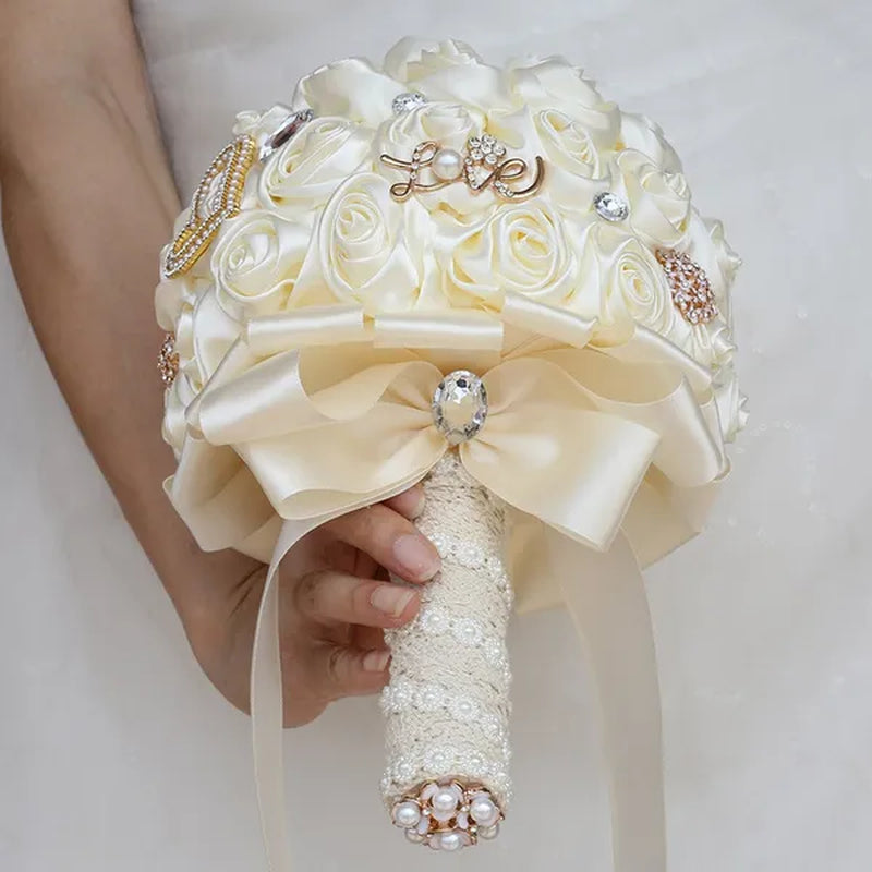 20CM Simulation Silk Rose Wedding Bouquet Diamond Pearl Brooch Bridal Bouquets Romantic Bridesmaid Holding Flowers - WORLD TIME VISITS