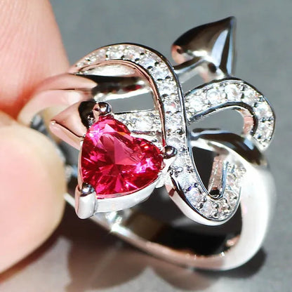 Eros Ring Silver Natural Gemstones White Sapphire & Ruby Wedding Birthstone Bride Engagement Multilevel Heart Cross Ring Jewelry Size 6 7 8 9 10