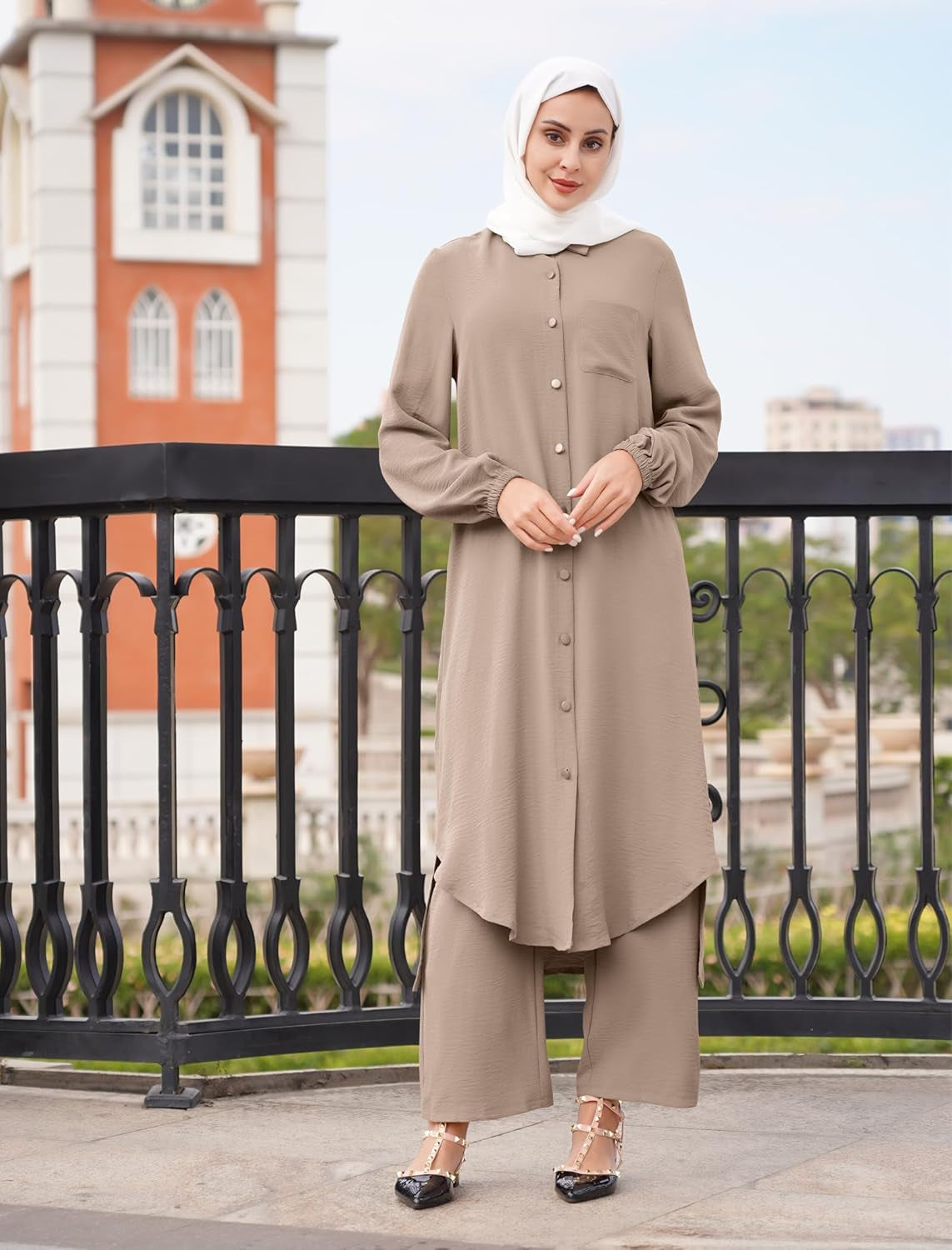 Women'S Muslim 2 Pieces Sets Long Sleeve Button down Shirt and Pants Abaya Casual Dress Dubai Outfits