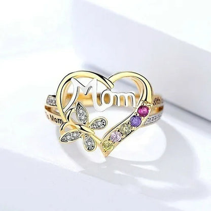New Women Fashion Heart-Shaped Love Mum Ring Two Tone Gold Silver MOM Character Diamond Jewelry Family Birthday Best Gift for Mother Mummy Party Band Rings Size 5-11