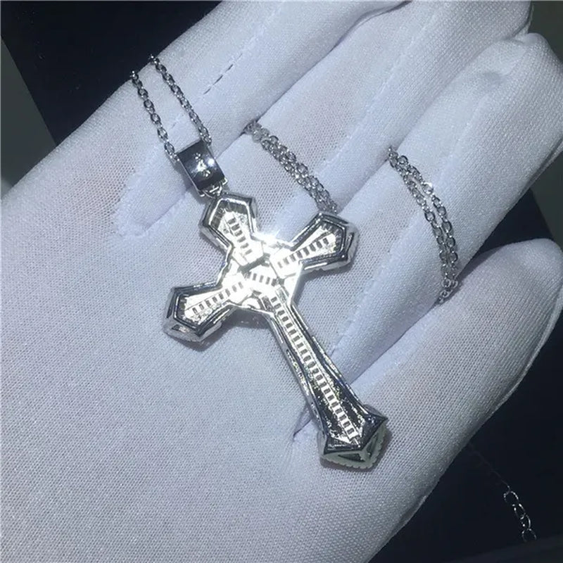 Luxury Big Cross Pendants 5A Zircon Cz Diamond Silver Wedding Pendant with Necklace for Women Men Jewelry
