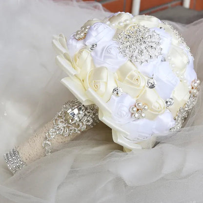 20CM Mixed Color Silk Ribbon Rose Wedding Flower Bouquet Luxury Pearl Crystal Brooch Bridal Bouquet Handmade Creative Bridesmaid Holding Flowers