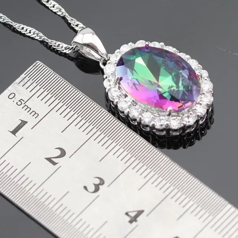 Huge round 925 Sterling Silver Jewelry Sets Multicolor Rainbow Topaz White Topaz Necklace Pendant Drop Earrings Ring for Women Free Gift Box