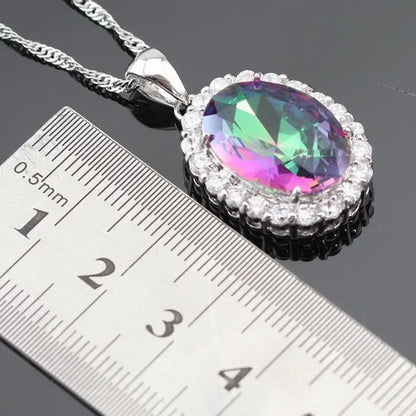 Huge round 925 Sterling Silver Jewelry Sets Multicolor Rainbow Topaz White Topaz Necklace Pendant Drop Earrings Ring for Women Free Gift Box