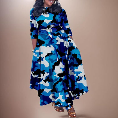 Women'S Long Sleeve V Neck Long Maxi Dress Loose African Floral Print a Line Skirt Dresses plus Size with Belt