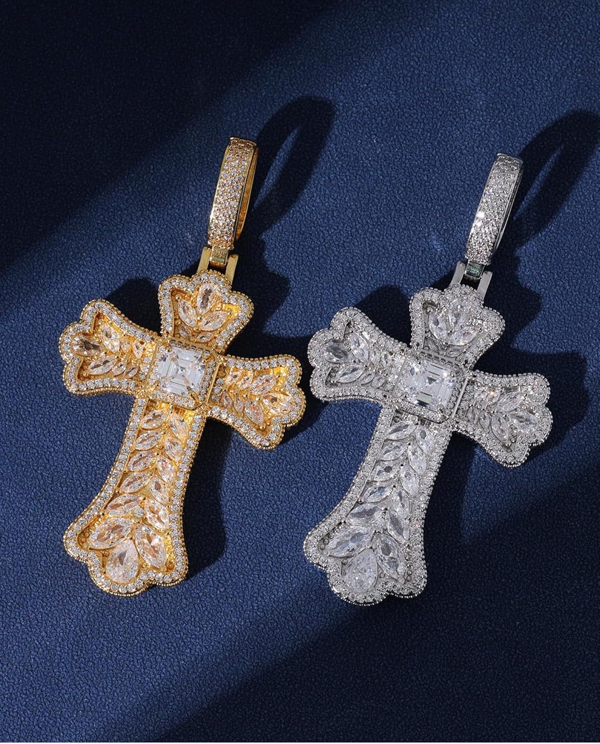 Gothic Colorful Iced Out Cross Pendant with 20" Stainless Steel Rope Chain, Heavyweight Oversized Design, 14K Gold Plated, 5A CZ Stones, Hip-Hop Religious Jewelry for Men & Women