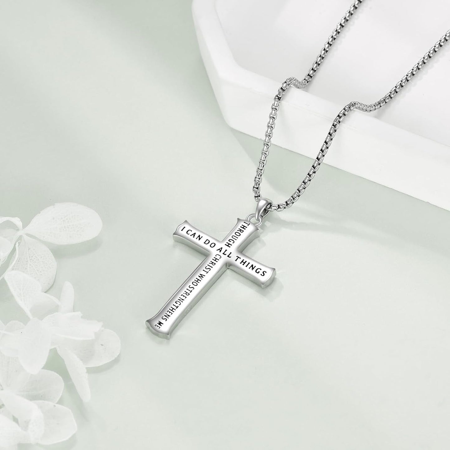 Men'S Cross Necklace Sterling Silver Catholic Faith Cross Pendant Necklace Christian Jewelry Gifts for Men
