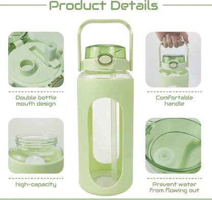 64Oz Glass Water Bottle with Straw, Reusable Half Gallon Aesthetic Water Bottles with Time Marker Large Sports Water Bottles with Silicone Sleeve and Handle for Gym Workout (Green)