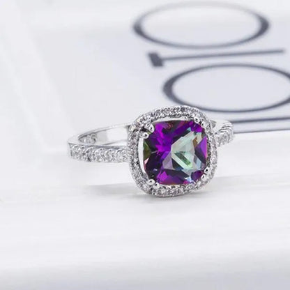 LUXURY 925 Sterling Silver Diamond Cut Square Mystic Fire Rainbow Topaz Cocktail Sapphire Ring FASHION NEW