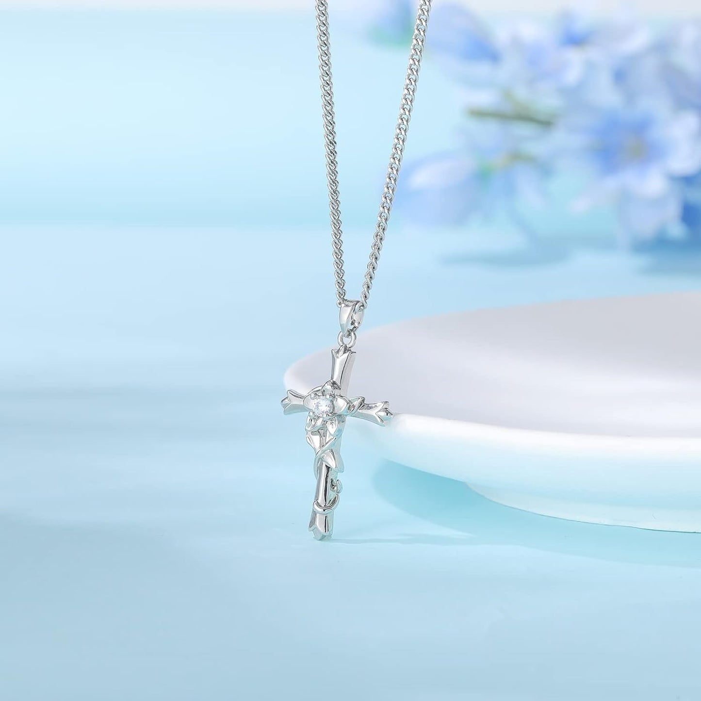Cross Necklace for Women | Silver Faith Birthstone Cross Pendant with Birth Flower Jewelry Gifts for Teen Wife Women for Birthday Anniversary