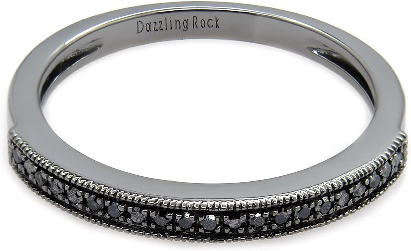 0.12 Carat (Ctw) round Black Diamond Thin Milgrain Stackable Wedding Band Ring for Ladies, Available in Various Metal in 10K/14K/18K Gold