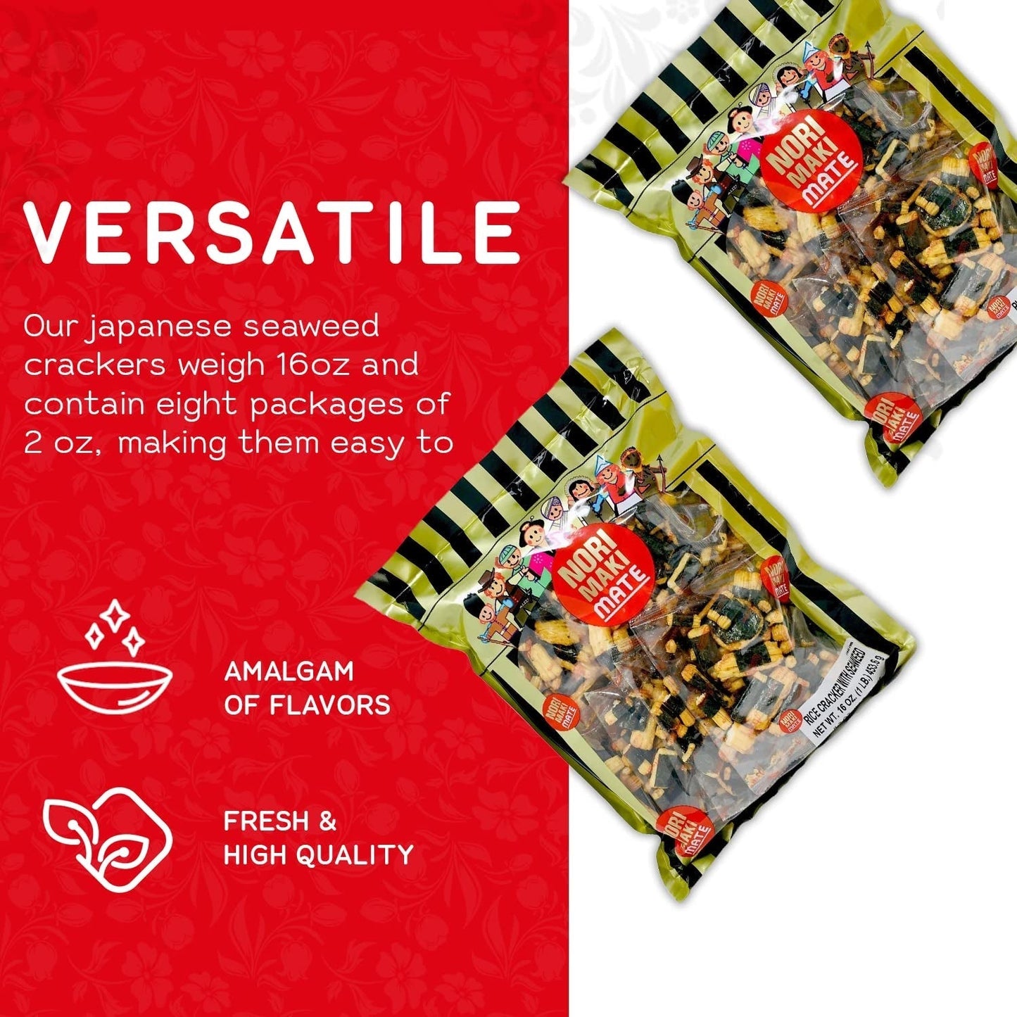 Norimaki Arare Mate - Crispy Japanese Rice Cracker | Glutinous Rice, Soy Sauce and Seaweed | Low Carb Rice Cracker Snacks, Seaweed Flavor 16 Oz - (Pack of 1)