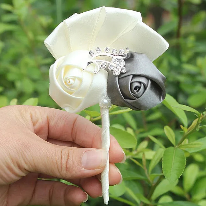 Handmade 8Piece/Lot Colorful Silk Rose Wedding Corsages Boutonniere Groom Diamond Wedding Flowers Boutonniere Brooch Flower