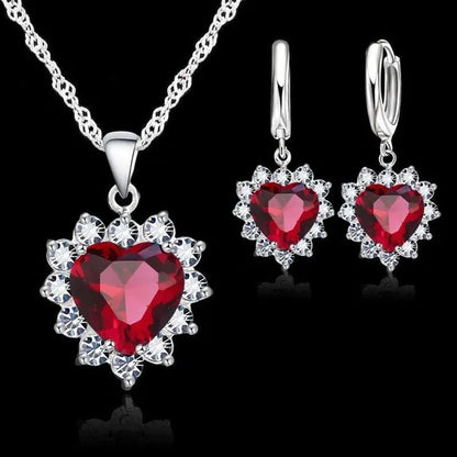 Trendy 925 Sterling Silver Jewelry Set for Women Heart CZ Stone Charm Pendants Necklaces Earrings LOVE Anniversary Gift - WORLD TIME VISITS