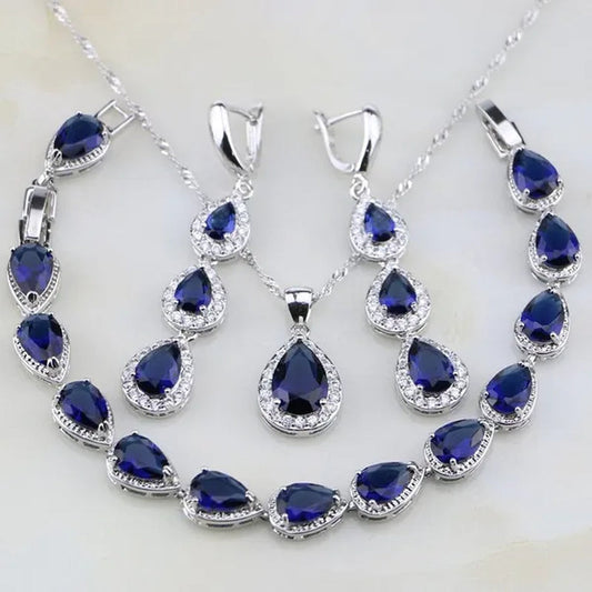 Trendy Water Drop Blue Sapphire White Topaz 925 Sterling Silver Jewelry Sets Women Wedding Earrings/Pendant/Necklace/Bracelet