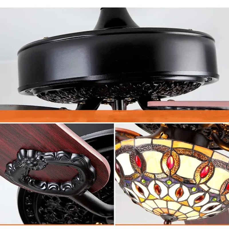 52" Ceiling Fan with Light, Tiffany Style Retro Stained Glass Chandelier Fan with Remote Control 4 Reversible Wood Blades 3-Speed