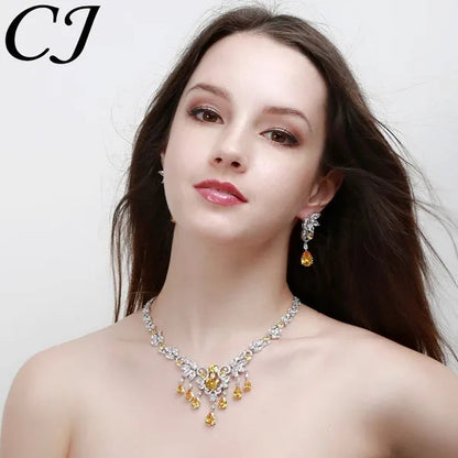 CANDICE Luxury CZ Stone Bridal Jewelry Pave High Quality Yellow Crystal Water Drop Earrings Necklace Wedding Party Set for Brides