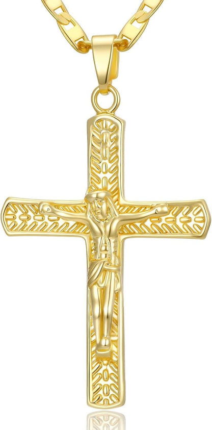 Gold Crucifix Necklace 14K Gold Cross Necklace Jesus Cross Pendant Religious Catholic Jewelry for Men Women - WORLD TIME VISITS