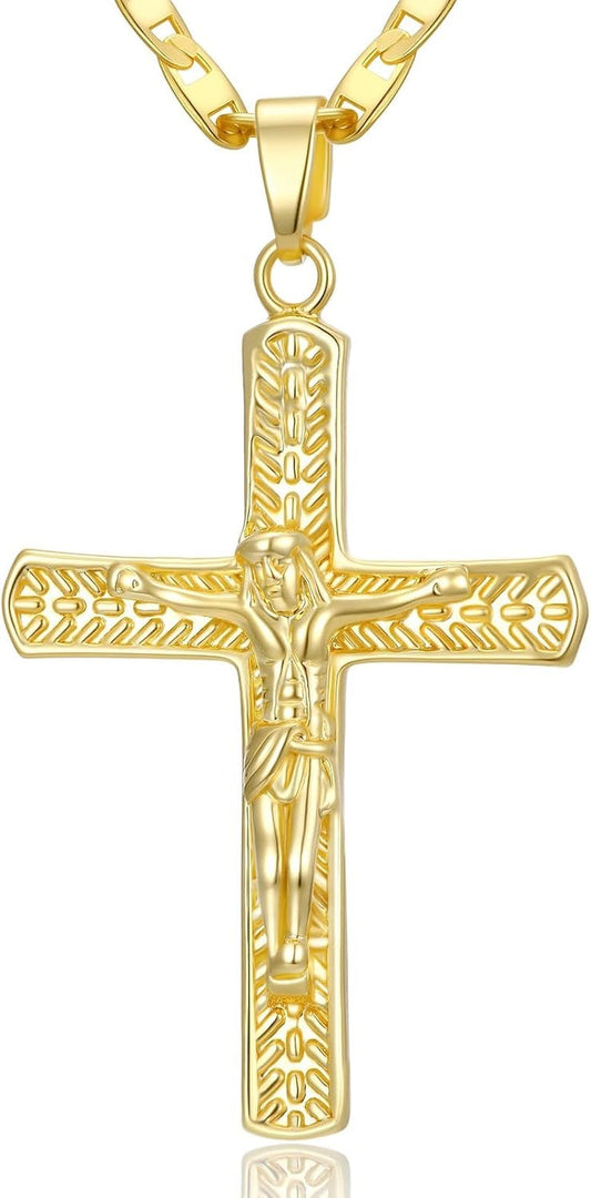 Gold Crucifix Necklace 14K Gold Cross Necklace Jesus Cross Pendant Religious Catholic Jewelry for Men Women - WORLD TIME VISITS